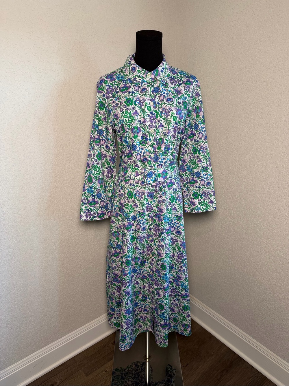 Talbots Floral Button-Front Long Sleeve Dress in Blue, Green & Purple